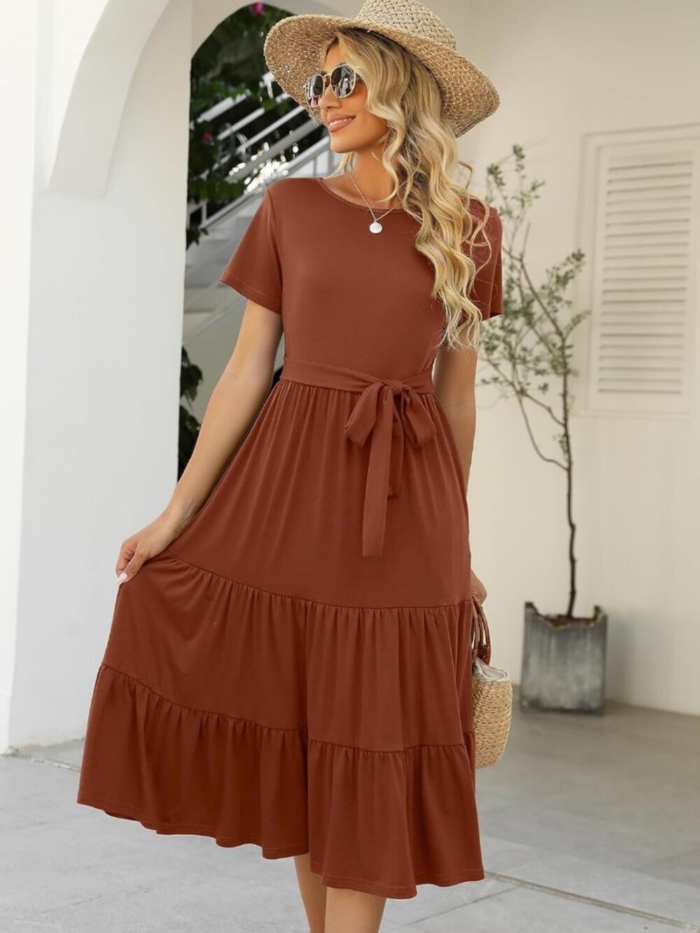 Women's Red Brown Tiered Short Sleeve Belted Pocket Ruffle Midi Maxi Dress - Picture 2 of 6
